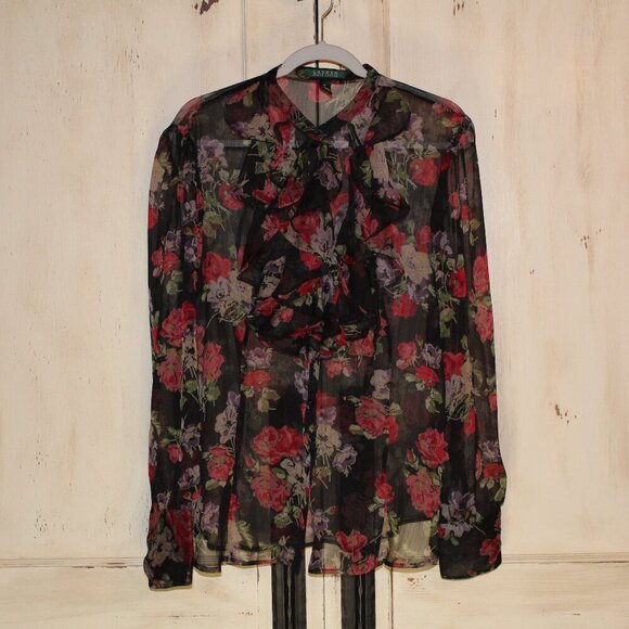 Lauren Ralph Lauren long sleeve sheer black floral blouse with ruffle details XL - Picture 1 of 9